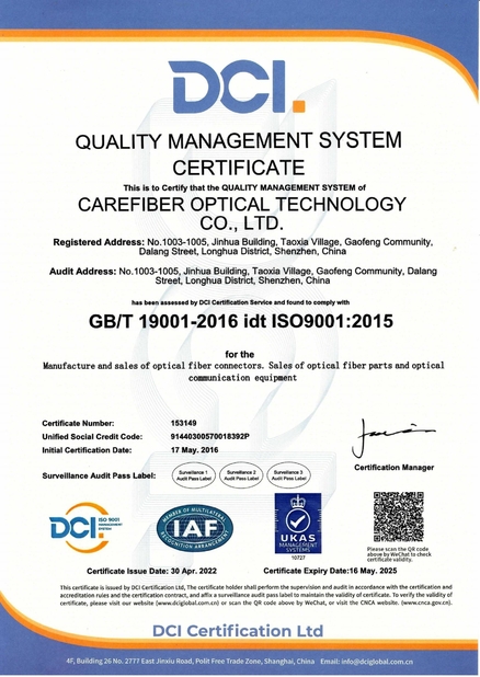КИТАЙ Carefiber Optical Technology Co., Ltd Сертификаты
